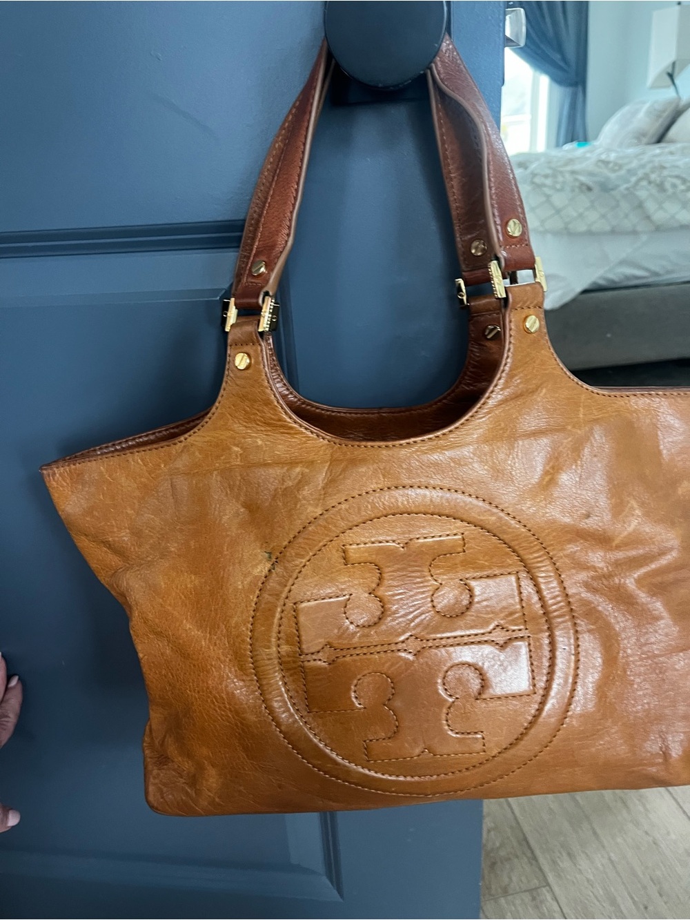 Tory Burch Large Cognac Brown Leather Logo Tote Shoulder Bag
